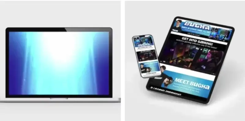 Bugha landing page shown on a laptop and a phone
