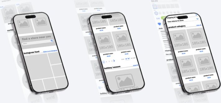 Three phone wireframes showing the structure of the redesigned homepage