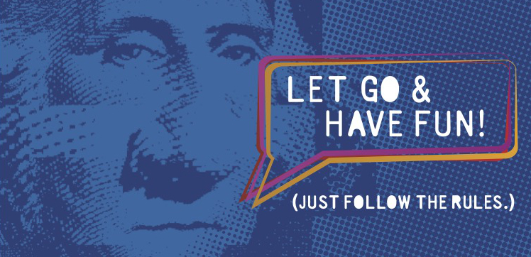 Five Below brand artwork: a halftone portrait in blue behind a speech bubble reading Let go and have fun, just follow the rules