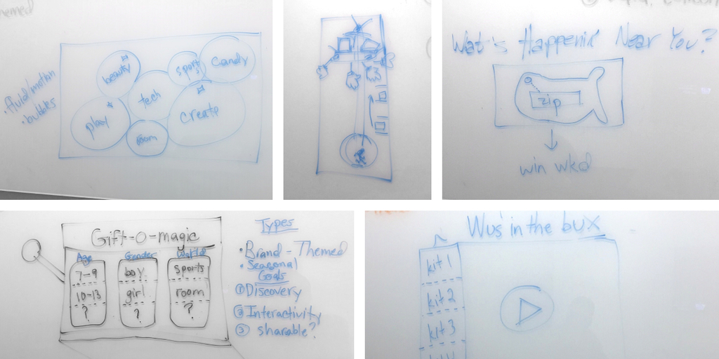 Six whiteboard sketches of homepage layouts and flows