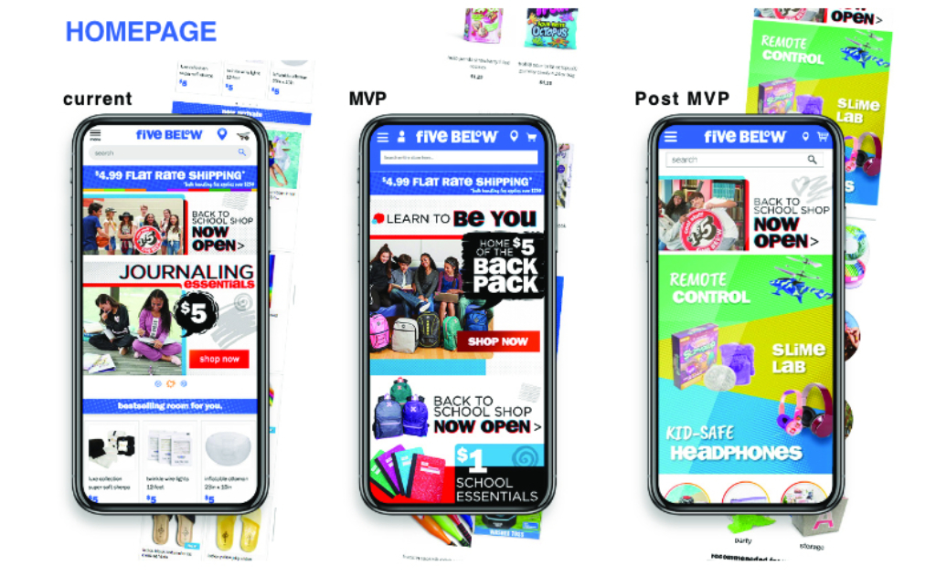 The mobile homepage on three phones labeled current, MVP, and post MVP, moving from a simple promo layout to a bold back-to-school and category-led layout
