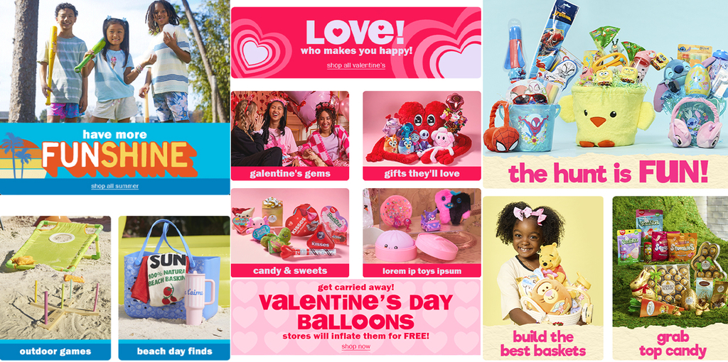 A collage of Five Below site banners from different seasons: summer Funshine, Valentine's Love, and Easter the hunt is fun, each with its own colors, fonts, and photography