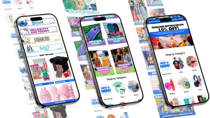 Three phone screens showing the redesigned Five Below homepage