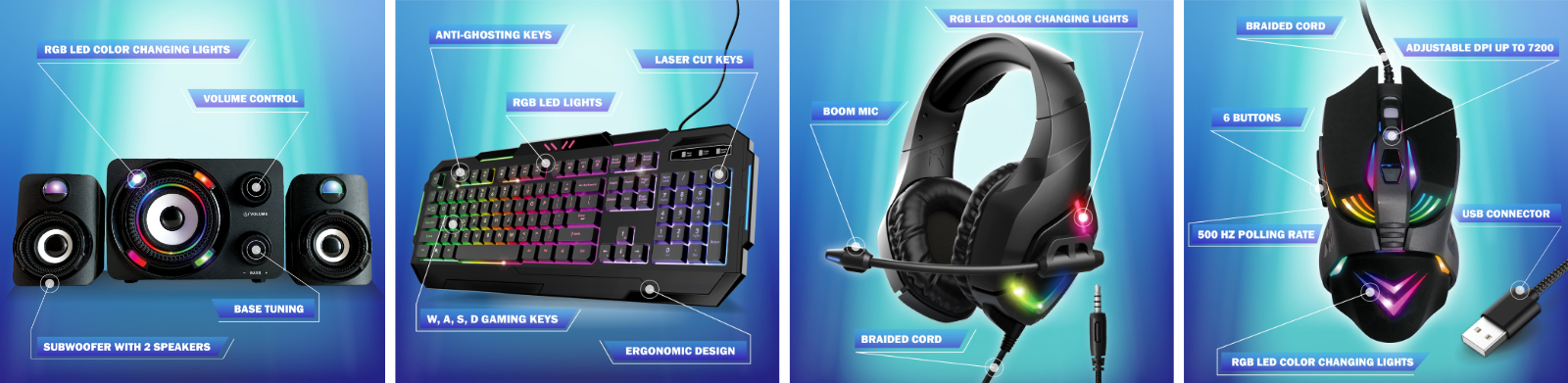 Four Bugha-branded product shots: speakers, a backlit keyboard, a headset, and a gaming mouse