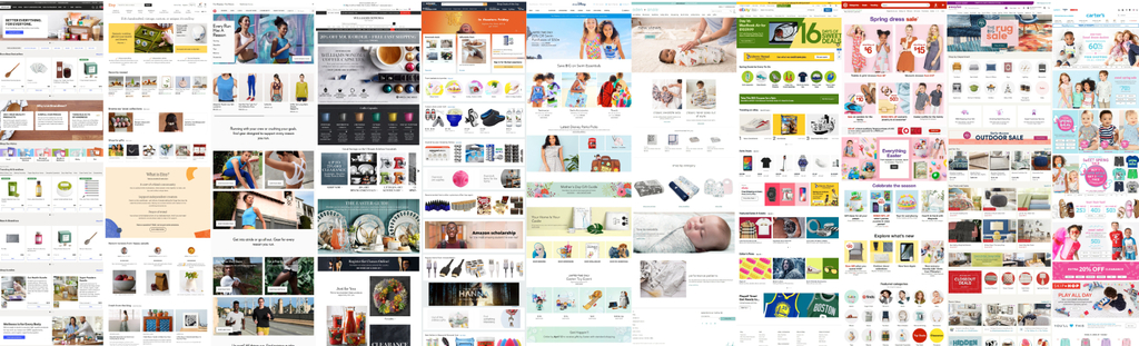 A collage of competitor homepage screenshots across many retail categories