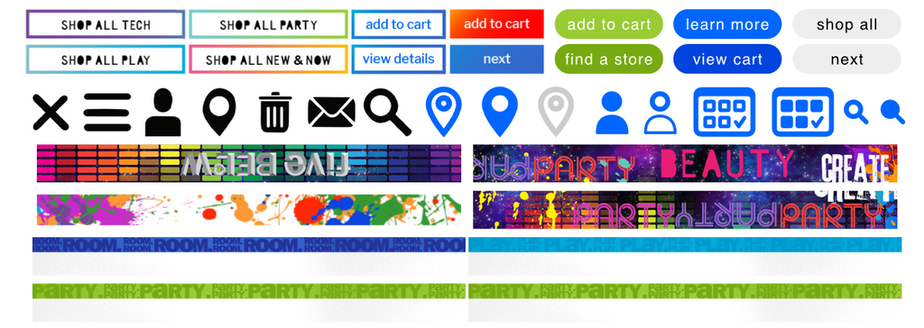 Base elements: button styles in several colors, a row of icons, and patterned brand voice banners